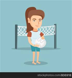 Caucasian beach volleyball player standing on the background of voleyball net. Full length of young sportswoman holding a volleyball ball in hands. Vector cartoon illustration. Square layout.. Young caucasian beach volleyball player.
