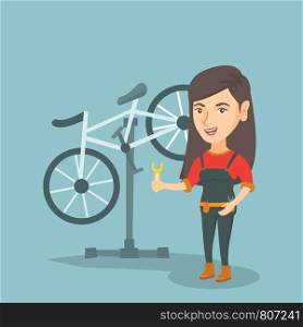 Caucasian bicycle mechanic showing a spanner on the background of broken bicycle. Technician fixing bicycle in repair shop. Mechanic repairing bicycle. Vector cartoon illustration. Square layout.. Caucasian bicycle mechanic working in repair shop.