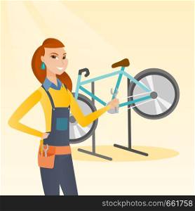 Caucasian bicycle mechanic showing spanner on the background of broken bicycle. Happy technician fixing bicycle in repair shop. Mechanic repairing bicycle. Vector cartoon illustration. Square layout.. Caucasian bicycle mechanic working in repair shop.