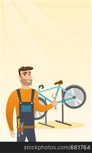 Caucasian bicycle mechanic showing spanner on the background of broken bicycle. Happy technician fixing bicycle in repair shop. Mechanic repairing bicycle. Vector cartoon illustration. Vertical layout. Caucasian bicycle mechanic working in repair shop.