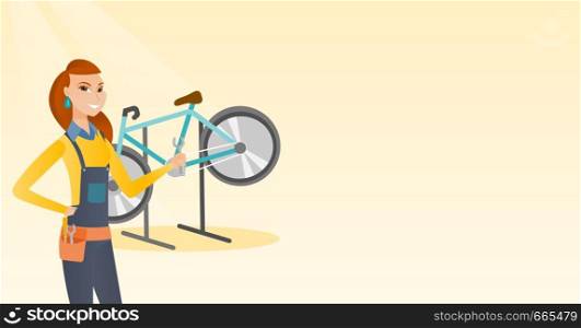 Caucasian bicycle mechanic showing spanner on the background of broken bicycle. Technician fixing bicycle in repair shop. Mechanic repairing bicycle. Vector cartoon illustration. Horizontal layout.. Caucasian bicycle mechanic working in repair shop.