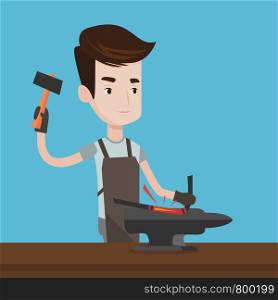 Caucasian blacksmith working metal with hammer on the anvil in the forge. Blacksmith at work in smithy. Blacksmith forging the molten metal on anvil. Vector flat design illustration. Square layout.. Blacksmith working metal with hammer on the anvil.
