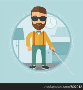 Caucasian blind hipster man with beard standing with walking stick. Young man in dark glasses with cane standing in living room. Vector flat design illustration in the circle isolated on background.. Blind man with stick vector illustration.