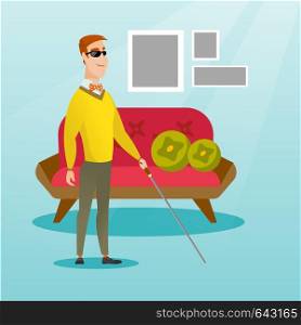 Caucasian blind man standing with a walking stick at his house. Blind man wearing dark glasses and standing with a cane. Blind man walking with a stick. Vector flat design illustration. Square layout.. Blind man with a stick vector illustration.