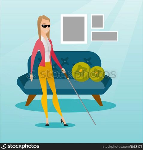 Caucasian blind woman standing with a walking stick. Young blind woman wearing dark glasses and standing with a cane. Blind woman walking with a stick. Vector flat design illustration. Square layout.. Blind woman with a stick vector illustration.