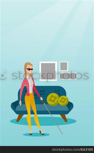 Caucasian blind woman standing with a walking stick. Young blind woman wearing dark glasses and standing with a cane. Blind woman walking with a stick. Vector flat design illustration. Vertical layout. Blind woman with a stick vector illustration.