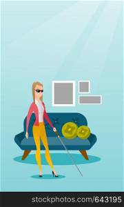 Caucasian blind woman standing with a walking stick. Young blind woman wearing dark glasses and standing with a cane. Blind woman walking with a stick. Vector flat design illustration. Vertical layout. Blind woman with a stick vector illustration.