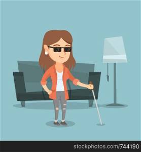 Caucasian blind woman standing with a walking stick at home. Young blind woman in dark glasses standing with a cane. Blind woman walking with a stick. Vector cartoon illustration. Square layout.. Young caucasian blind woman with a stick.