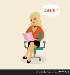 Caucasian blonde woman is sitting on a chair and reading a magazine or catalog,flat vector illustration