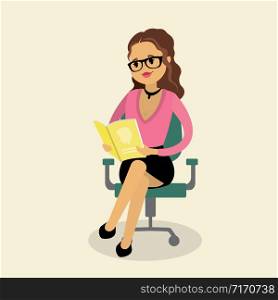 Caucasian blonde woman is sitting on a chair and reading a magazine,vector illustration