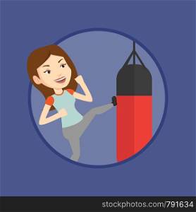 Caucasian boxer exercising with boxing bag. Female boxer hitting heavy bag during training. Boxer training with the punch bag. Vector flat design illustration in the circle isolated on background.. Woman exercising with punching bag.