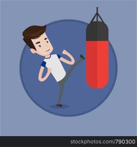 Caucasian boxer man exercising with punching bag. Boxer hitting punching bag during training. Boxer training with punching bag. Vector flat design illustration in the circle isolated on background.. Man exercising with punching bag.