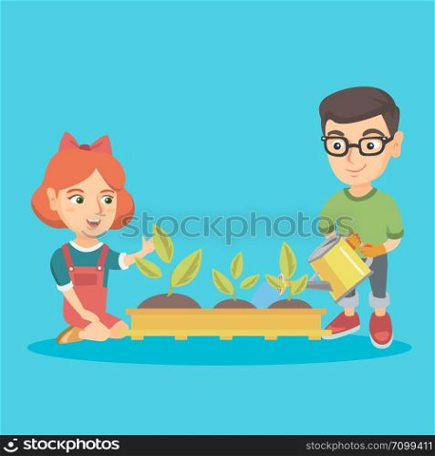 Caucasian boy and girl planting a sprout. Boy in garden gloves watering a sprout with a watering can and girl sitting near newly planted sprouts. Vector sketch cartoon illustration. Square layout.. Caucasian boy and girl planting a sprout.