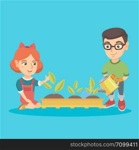 Caucasian boy and girl planting a sprout. Boy in garden gloves watering a sprout with a watering can and girl sitting near newly planted sprouts. Vector sketch cartoon illustration. Square layout.. Caucasian boy and girl planting a sprout.