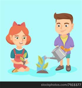 Caucasian boy and girl planting a sprout. Boy wearing garden gloves and watering a sprout with a watering can while girl holding a sprout in hands. Vector sketch cartoon illustration. Square layout.. Caucasian boy and girl planting a sprout.