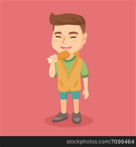 Caucasian boy eating roasted chicken leg with closed eyes. Little boy eating fried chicken leg. Full length of happy child holding a chicken drumstick. Vector cartoon illustration. Square layout.. Caucasian boy eating roasted chicken leg.