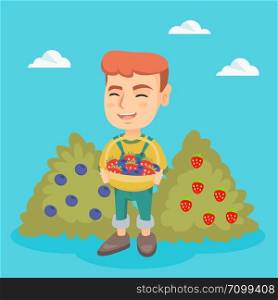 Caucasian boy holding the basket of strawberries and blueberries. Little boy standing on the background of the bushes of strawberries and blueberries. Vector sketch cartoon illustration. Square layout. Boy with the basket of strawberry and blueberry.