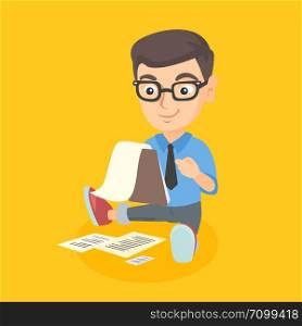 Caucasian boy working with a business document. Boy in glasses verifying a business document. Boy holding a clipboard with a business document. Vector cartoon illustration. Square layout.. Caucasian boy working with a business document.