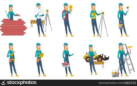 Caucasian bricklayer in uniform at work. Bicklayer working with spatula and brick on construction site. Bricklayer building wall. Set of vector flat design illustrations isolated on white background. Vector set of builder characters.