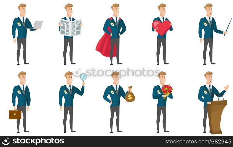 Caucasian bridegroom showing a big red heart. Full length of young bridegroom with heart shape. Bridegroom holding a red heart. Set of vector flat design illustrations isolated on white background.. Vector set of illustrations with groom character.