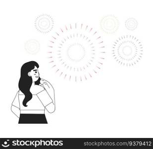Caucasian brunette woman watching fireworks monochromatic flat vector character. America labor day. Editable line half body person on white. Simple bw cartoon spot image for web graphic design. Caucasian brunette woman watching fireworks monochromatic flat vector character