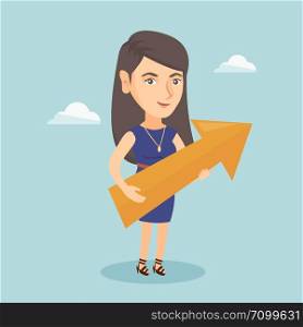 Caucasian bsiness woman thinking about the strategy of business growth. Young woman holding big arrow representing business growth. Business growth concept. Vector cartoon illustration. Square layout.. Caucasian bsiness woman aiming at business growth.