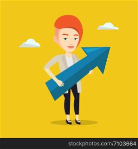 Caucasian bsiness woman thinking about the strategy of business growth. Woman holding big arrow representing business growth. Business growth concept. Vector flat design illustration. Square layout.. Businesswoman aiming at business growth.