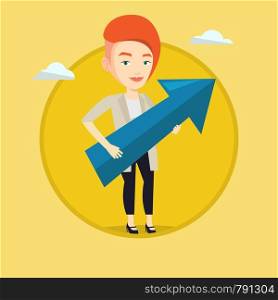 Caucasian bsiness woman thinking about the strategy of business growth. Woman holding big arrow representing business growth. Vector flat design illustration in the circle isolated on background.. Businesswoman aiming at business growth.