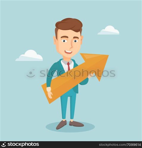 Caucasian bsinessman thinking about the strategy of business growth. Businessman holding big arrow representing business growth. Business growth concept. Vector flat design illustration. Square layout. Businessman aiming at business growth.