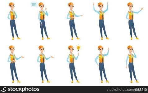 Caucasian builder in hard hat talking on a cell phone. Young smiling builder talking on cell phone. Builder using cell phone. Set of vector flat design illustrations isolated on white background.. Vector set of builder characters.