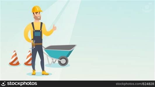 Caucasian builder with thumb up standing near wheelbarrow and traffic cones. Builder in helmet giving thumb up. Builder at work on construction site. Vector flat design illustration. Horizontal layout. Builder giving thumb up vector illustration.