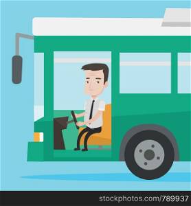 Caucasian bus driver sitting at steering wheel. Bus driver driving passenger bus. Bus driver driving intercity bus. Bus driver in drivers seat in cab. Vector flat design illustration. Square layout.. Caucasian bus driver sitting at steering wheel.