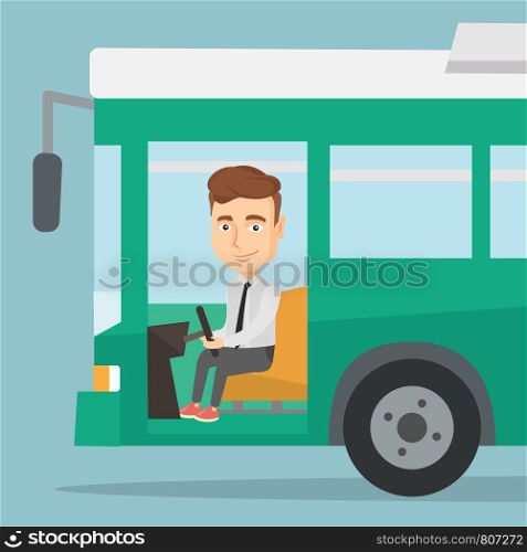 Caucasian bus driver sitting at steering wheel. Bus driver driving passenger bus. Bus driver in drivers seat in cab. Vector flat design illustration. Square layout.. Caucasian bus driver sitting at steering wheel.