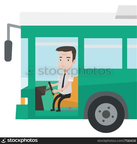 Caucasian bus driver sitting at steering wheel. Smiling bus driver driving passenger bus. An adult bus driver in drivers seat in cab. Vector flat design illustration isolated on white background.. Caucasian bus driver sitting at steering wheel.