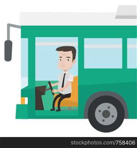 Caucasian bus driver sitting at steering wheel. Smiling bus driver driving passenger bus. An adult bus driver in drivers seat in cab. Vector flat design illustration isolated on white background.. Caucasian bus driver sitting at steering wheel.