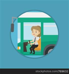 Caucasian bus driver sitting at steering wheel. Young driver driving passenger bus. Bus driver sitting in drivers seat in cab. Vector flat design illustration in the circle isolated on background.. Caucasian bus driver sitting at steering wheel.