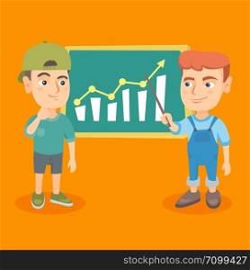 Caucasian business boy pointing at the chart on the board and his business partner looking at the board. Kids analyzing business chart on the board. Vector cartoon illustration. Square layout.. Kids analyzing business chart on the board.