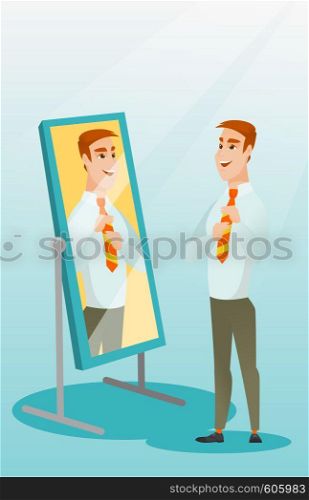 Caucasian business man adjusting tie in front of the mirror. Business man looking at himself in the mirror. Man checking his appearance in the mirror. Vector flat design illustration. Vertical layout.. Business man looking himself in the mirror.