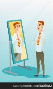 Caucasian business man adjusting tie in front of the mirror. Business man looking at himself in the mirror. Man checking his appearance in the mirror. Vector flat design illustration. Vertical layout.. Business man looking himself in the mirror.