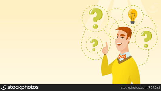 Caucasian business man came up with a successful idea. Business man pointing finger up while standing under question marks and idea light bulb. Vector flat design illustration. Horizontal layout.. Caucasian business man having business idea.