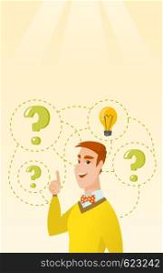 Caucasian business man came up with a successful idea. Young business man pointing finger up while standing under question marks and idea light bulb. Vector flat design illustration. Vertical layout.. Caucasian business man having business idea.