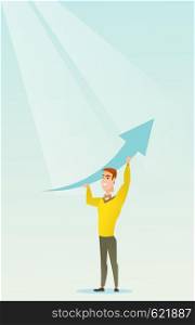 Caucasian business man changing the path of graph to a positive increase. Young business man holding arrow going up. Business man with growth graph. Vector flat design illustration. Vertical layout.. Business man holding arrow going up.