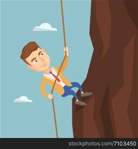 Caucasian business man climbing on the rock. Young brave business man climbing on the mountain using rope. Concept of business challenge. Vector flat design illustration. Square layout.. Business man climbing on the mountain.