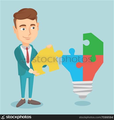 Caucasian business man completing idea light bulb made of puzzle. Business man inserts the missing puzzle in idea light bulb. Business idea concept. Vector flat design illustration. Square layout.. Caucasian businessman having business idea.