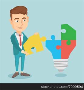 Caucasian business man completing idea light bulb made of puzzle. Business man inserts the missing puzzle in idea light bulb. Business idea concept. Vector flat design illustration. Square layout.. Caucasian businessman having business idea.
