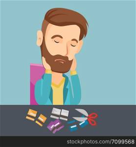 Caucasian business man cutting credit card. Business man sitting at the desk with cut credit card. Business man cutting credit card with scissors. Vector flat design illustration. Square layout.. Business man bankrupt cutting his credit card.