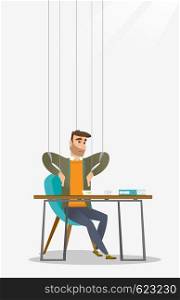 Caucasian business man hanging on strings like marionette. Business man marionette on ropes sitting in office. Emotionless marionette man working. Vector flat design illustration. Vertical layout.. Business man marionette on ropes working.