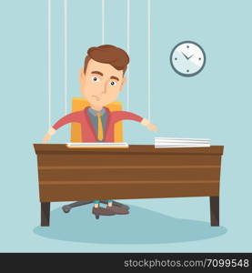 Caucasian business man hanging on strings like marionette. Business man marionette on ropes sitting in office. Emotionless marionette man working. Vector flat design illustration. Square layout.. Business man marionette on ropes working.
