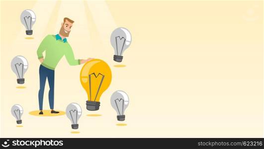 Caucasian business man having business idea. Young business man standing among unlit idea light bulbs and looking at the brightest idea light bulb. Vector flat design illustration. Horizontal layout.. Caucasian business man having business idea.
