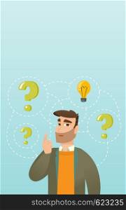 Caucasian business man having creative idea. Business man standing with question marks and idea light bulb above his head. Concept of business idea. Vector flat design illustration. Vertical layout.. Businessman having business idea.